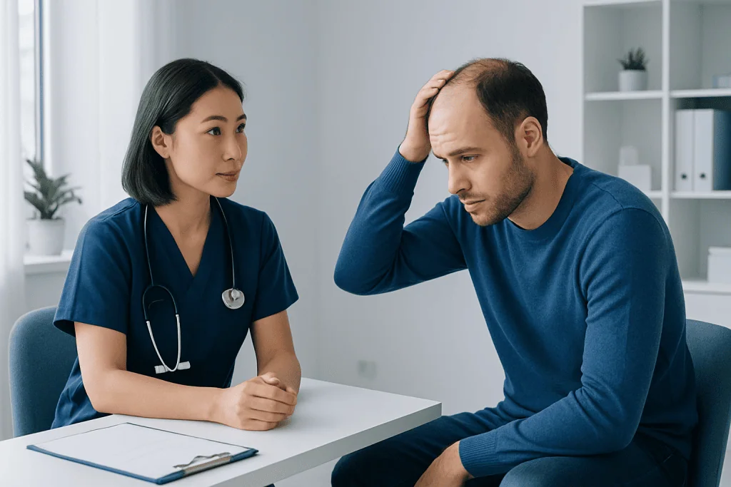 Doctor consulting with male patient about hair loss and DHT effects.