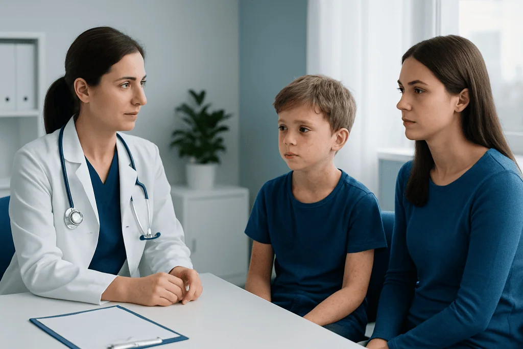 Doctor consulting with a young boy and his mother in a medical office.