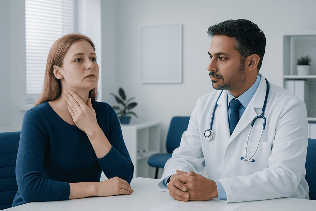 Doctor consulting with a patient about thyroid issues in a clinical setting.