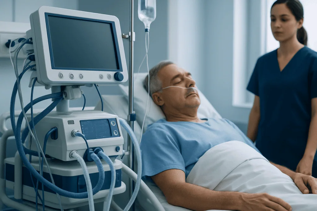 Hospital patient connected to medical ventilator in ICU.