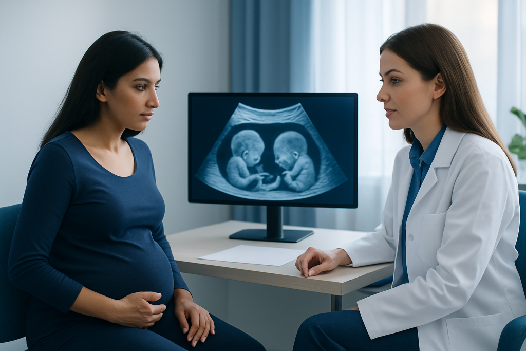 Doctor discussing twin pregnancy ultrasound with patient in clinic.