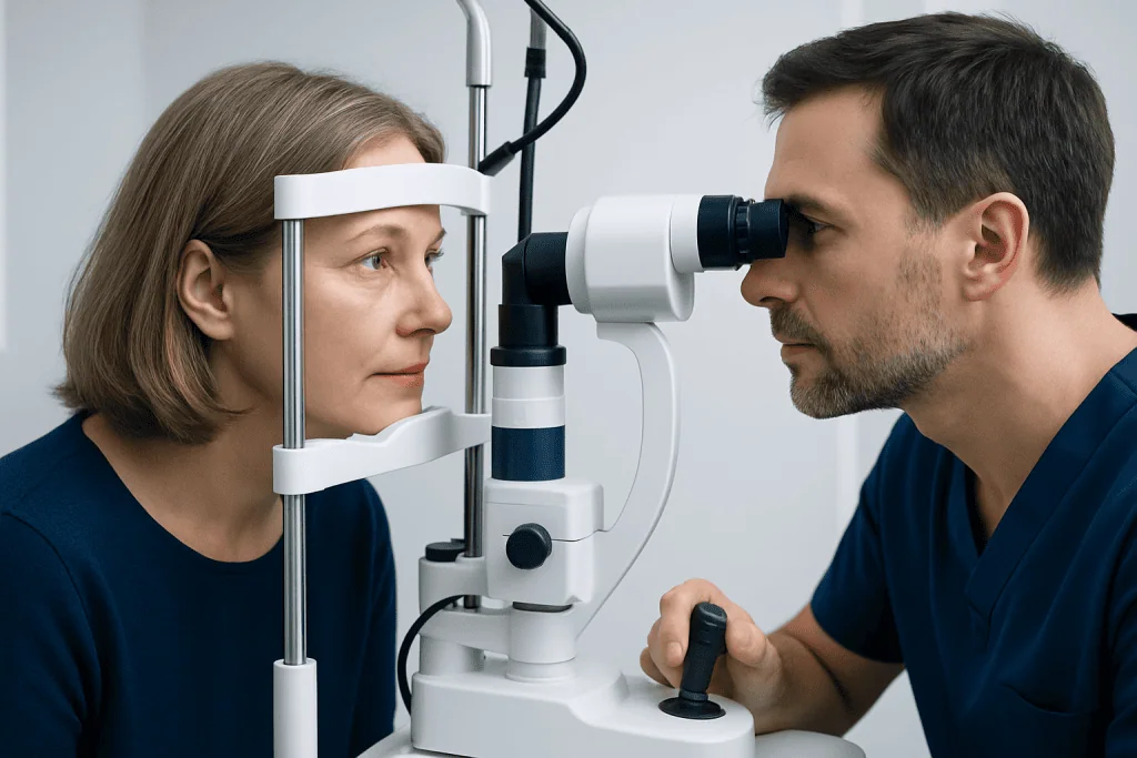 Ophthalmologist examining a woman's eye with a slit lamp microscope.