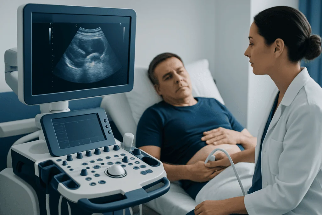 Doctor performing an ultrasound examination on a patient in a hospital room.