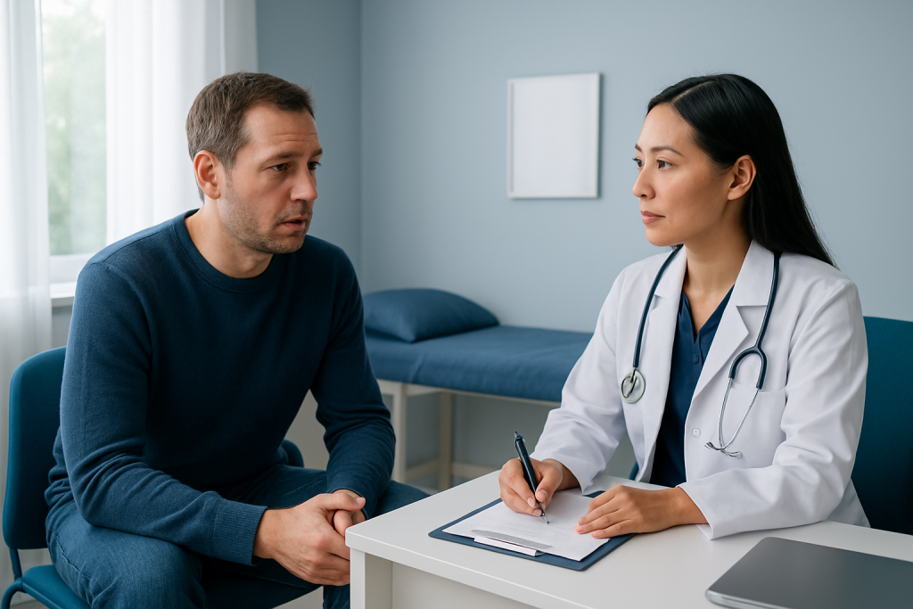 Doctor consulting with male patient in a medical office setting.