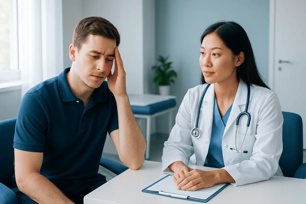 Patient experiencing dizziness during medical consultation at Acibadem Hospital.