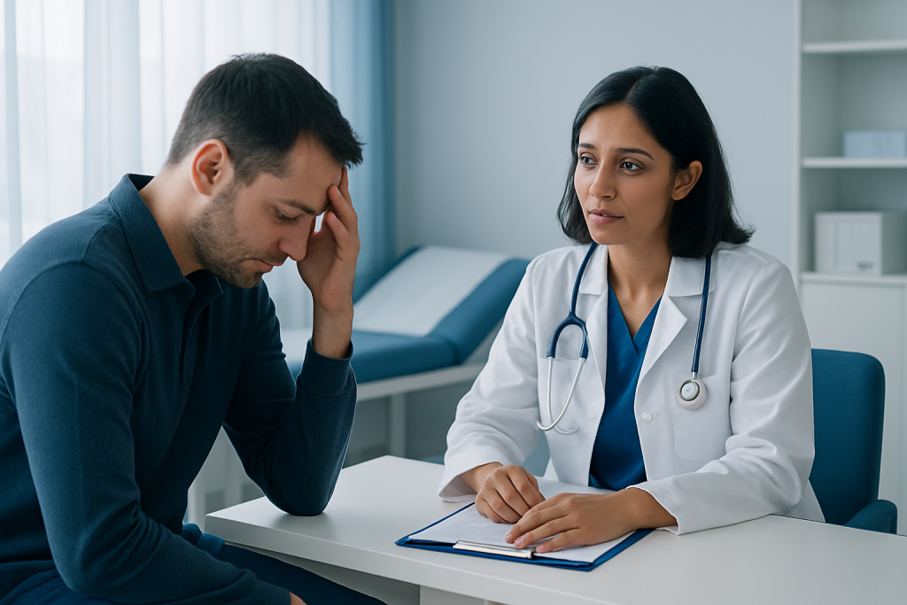 Patient consulting with doctor about hemorrhage concerns in a medical office.