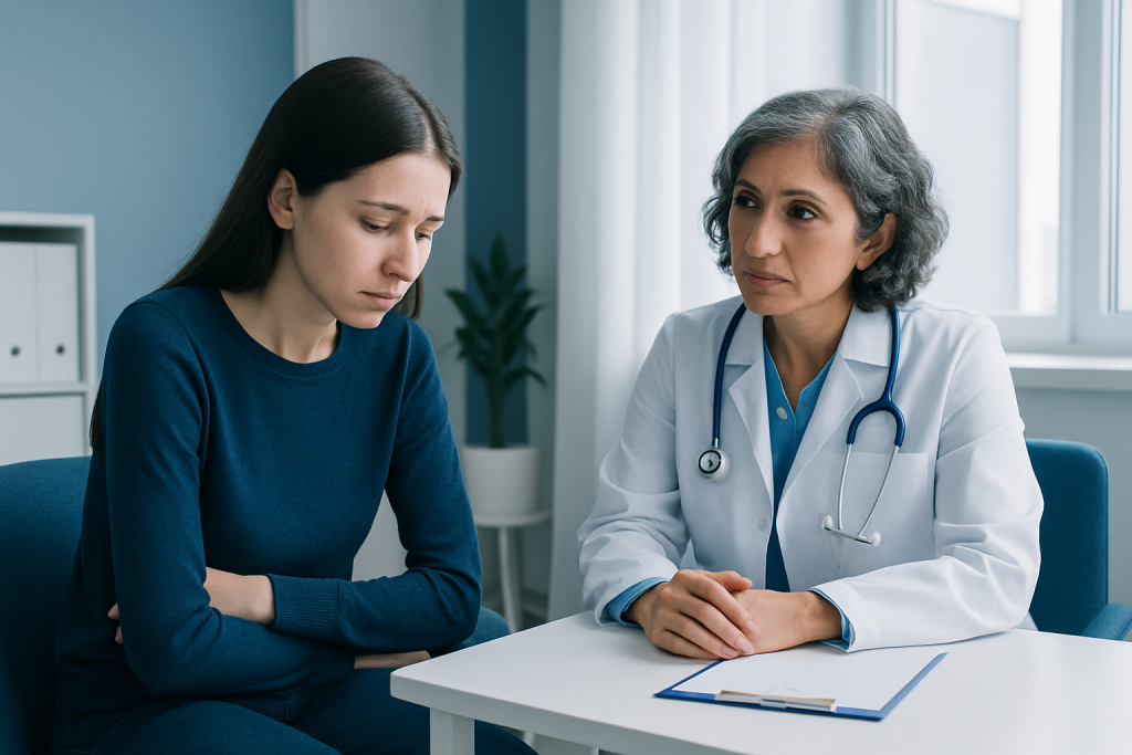 Young woman consulting with a doctor in a medical office.