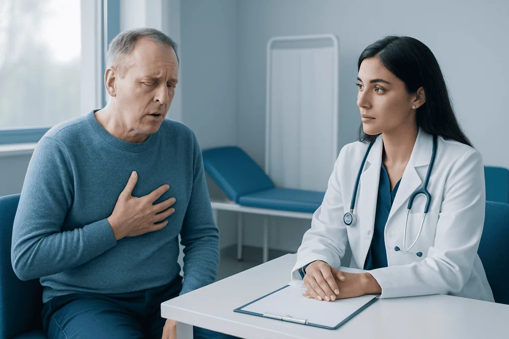 Doctor examining a patient with chest pain in a hospital room.