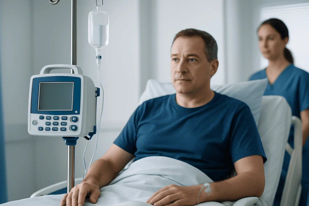 Patient in hospital bed with IV drip and medical staff in background.