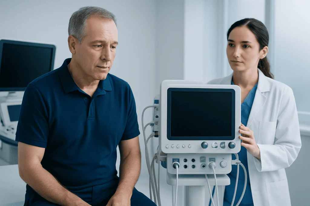 Doctor and patient in a medical consultation with ultrasound equipment.