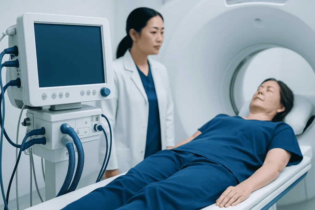 Medical professional preparing patient for brain scan in hospital.