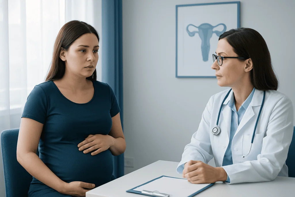 Pregnant woman consulting with a doctor in a medical office.