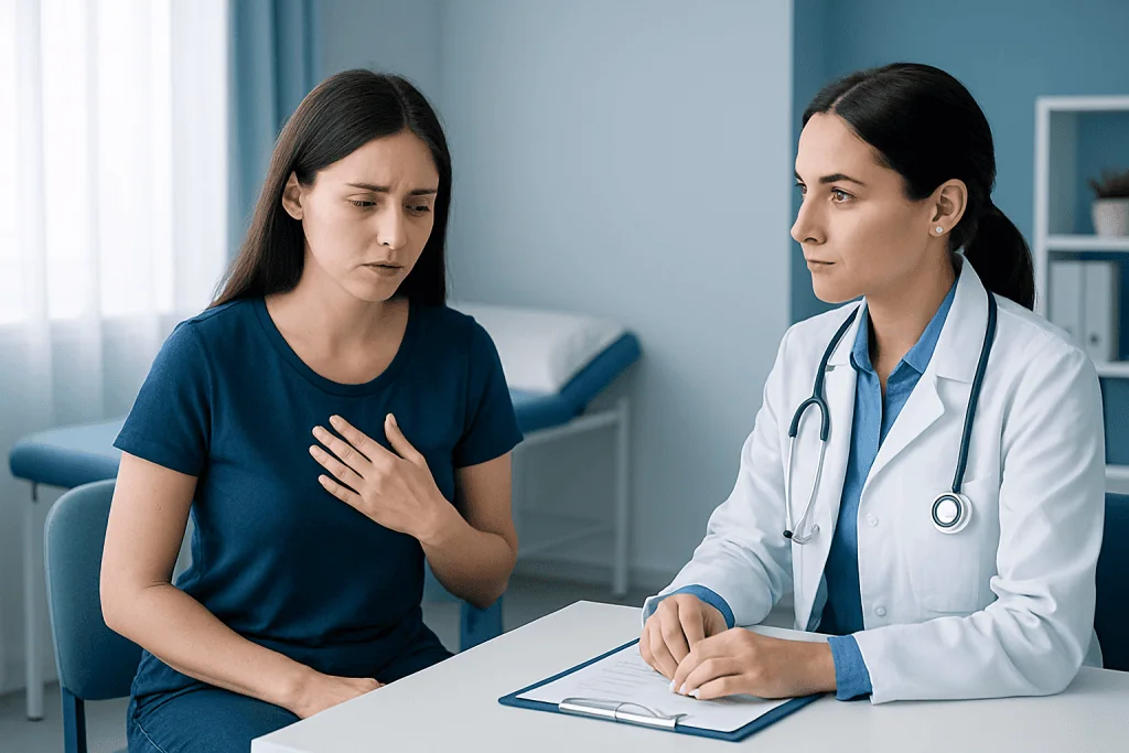 Woman experiencing chest pain during medical consultation at hospital.