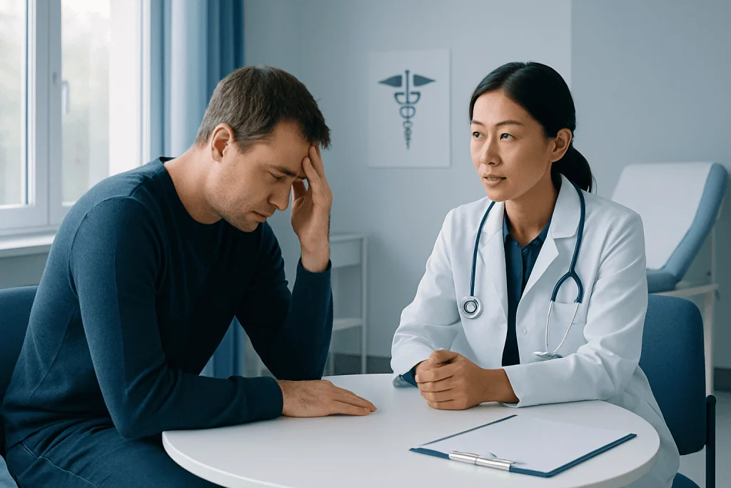Doctor consulting with a patient about health concerns in a medical office.