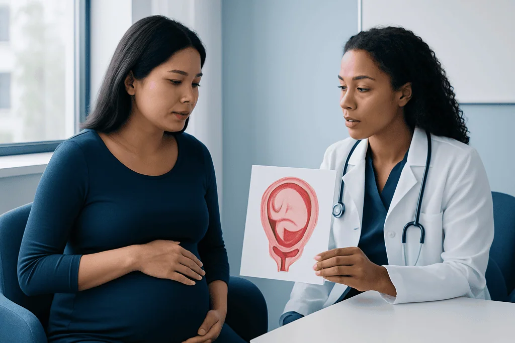 Doctor explaining placenta to pregnant woman in a medical consultation.