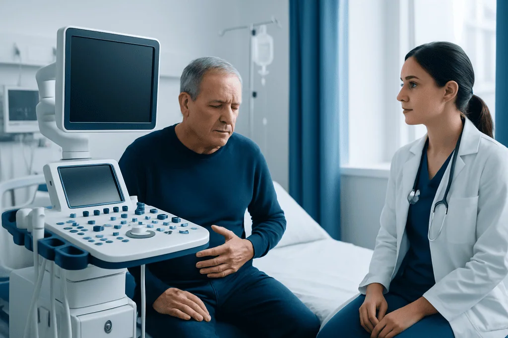 Patient consulting with doctor in hospital room during ultrasound exam.