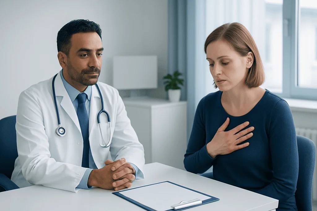 Doctor consulting with a female patient in a medical office.