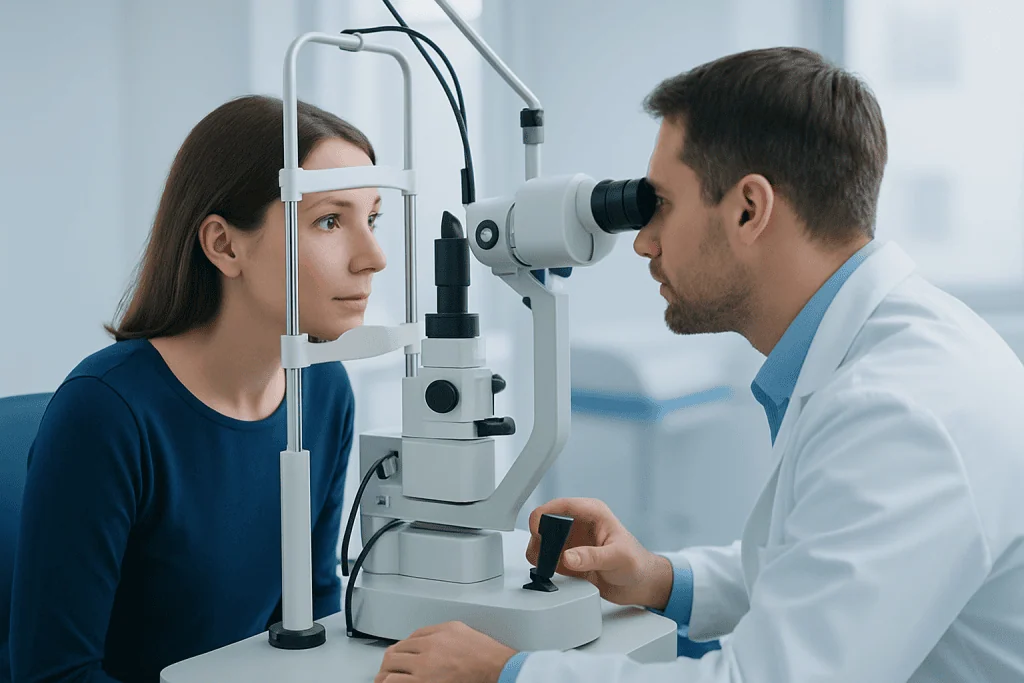 Ophthalmologist examining patient with slit lamp in clinic.