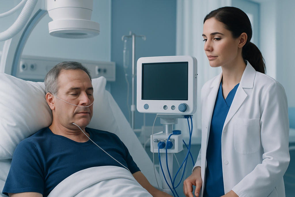 Hospital patient connected to monitoring equipment in a medical setting.
