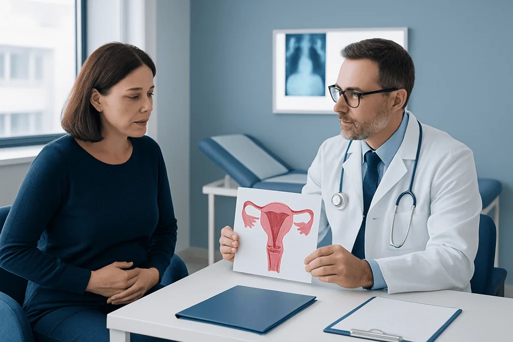 Gynecologist explaining uterine health to a patient with a diagram.