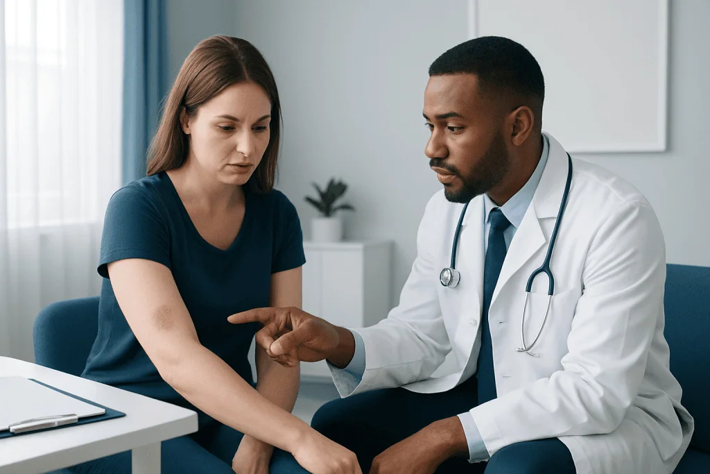 Doctor examining patient's arm in a medical consultation room.