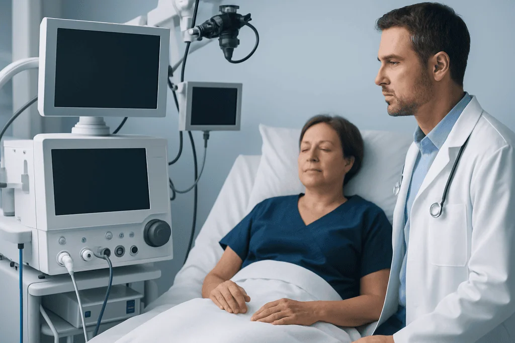 Doctor consulting patient in hospital room with medical monitors.