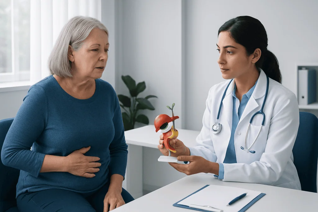 Doctor explaining gallbladder anatomy to a patient in a consultation room.