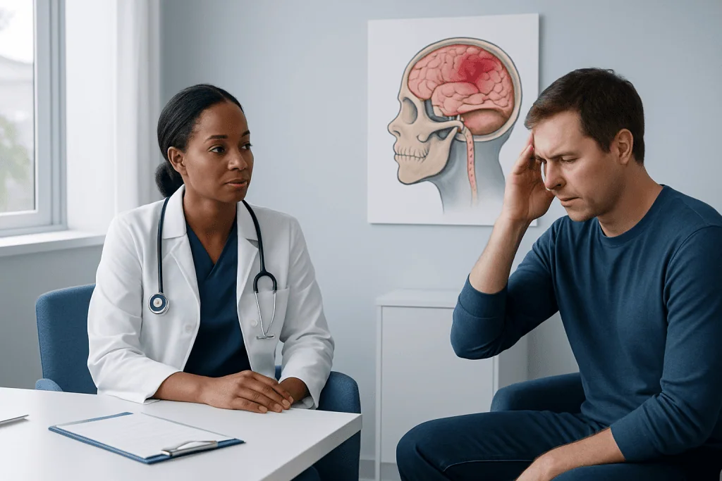 Doctor consulting with patient about epidural hematoma symptoms and treatment.