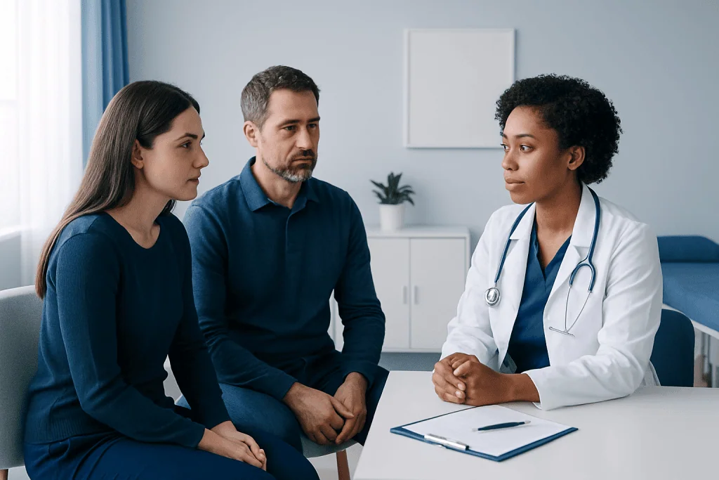 Doctor consulting with a couple about inherited diseases and disorders.