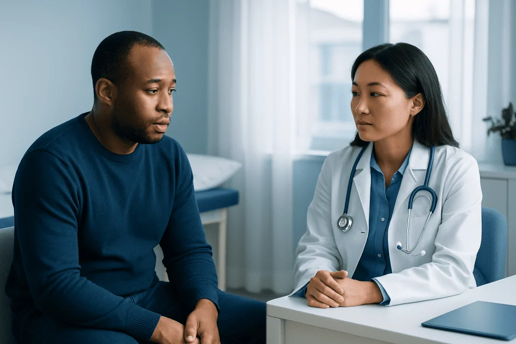 Doctor consulting with a patient in a hospital room.