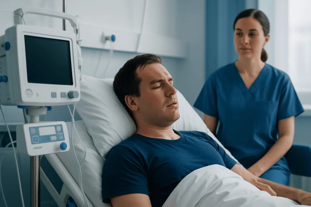 Patient resting in hospital bed with medical staff nearby.