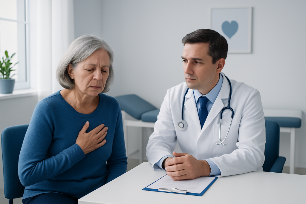 Doctor consulting with an elderly woman experiencing chest pain.