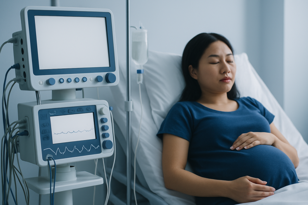 Pregnant woman in hospital bed with monitoring equipment for eclampsia care.