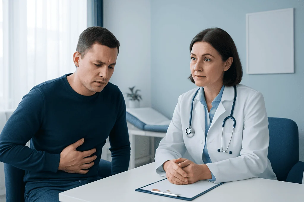 Doctor consulting with a male patient about liver health in a medical office.