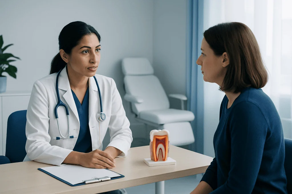 Dentist explaining tooth decay to a patient in a consultation room.