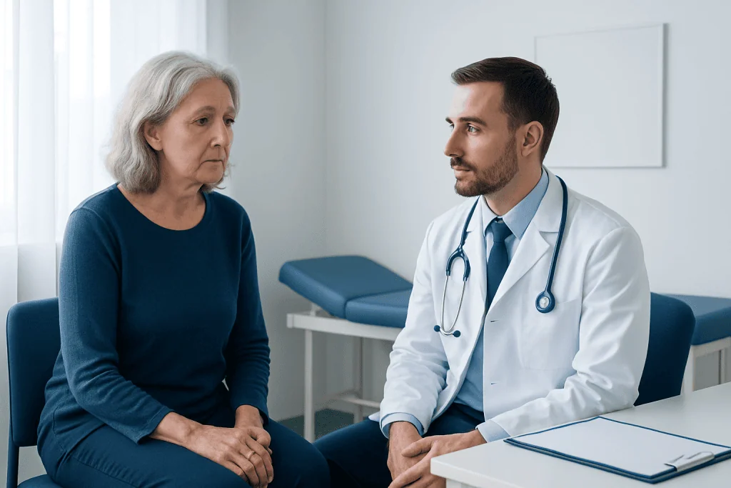 Doctor consulting with an elderly woman in a medical office.