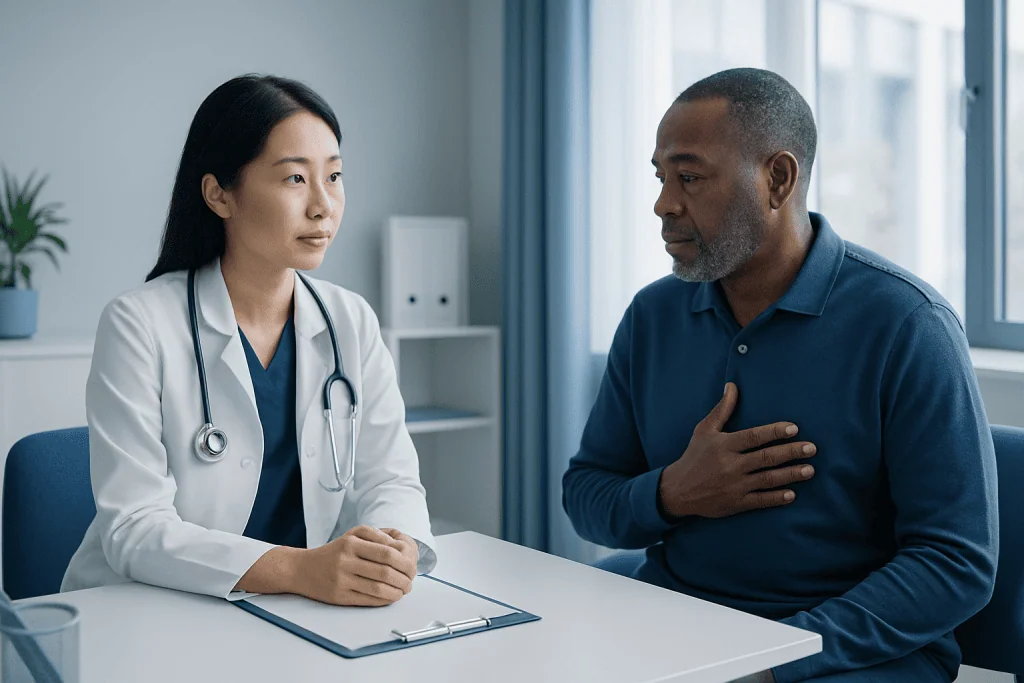 Doctor consulting with patient about health concerns in a modern clinic.