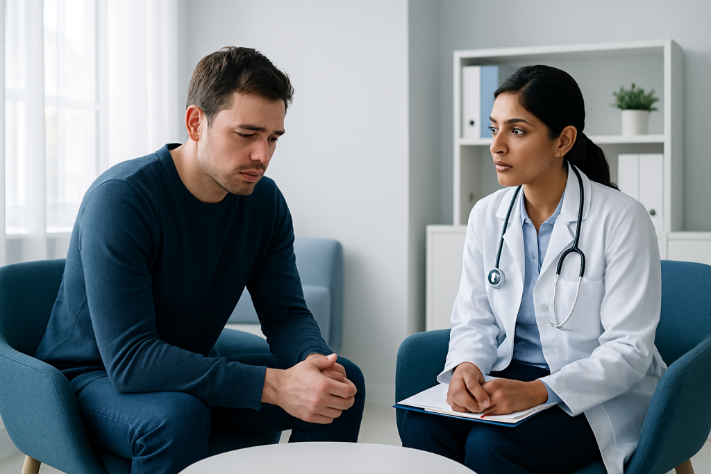 Patient consulting with a healthcare professional about substance abuse.