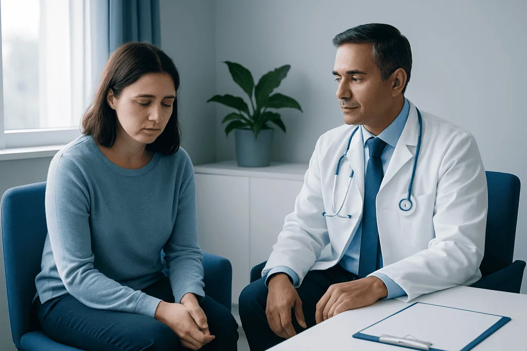 Doctor consulting with a young woman in a medical office setting.