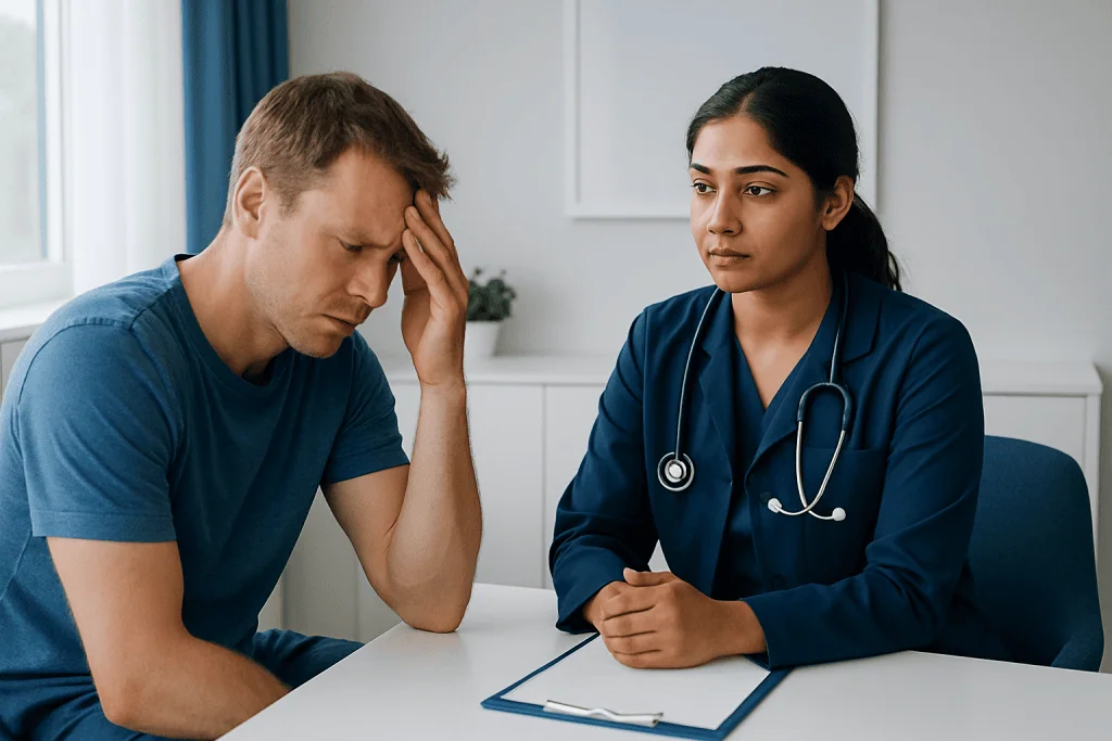 Patient consulting with doctor about heat stroke symptoms in clinic.