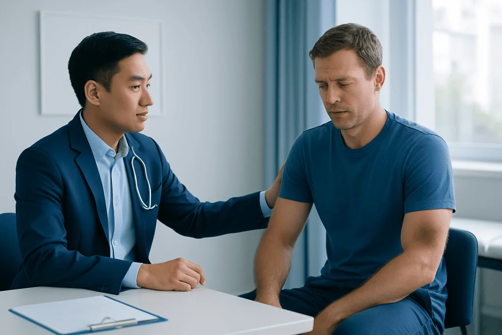 Doctor consulting with male patient about blunt trauma injury.