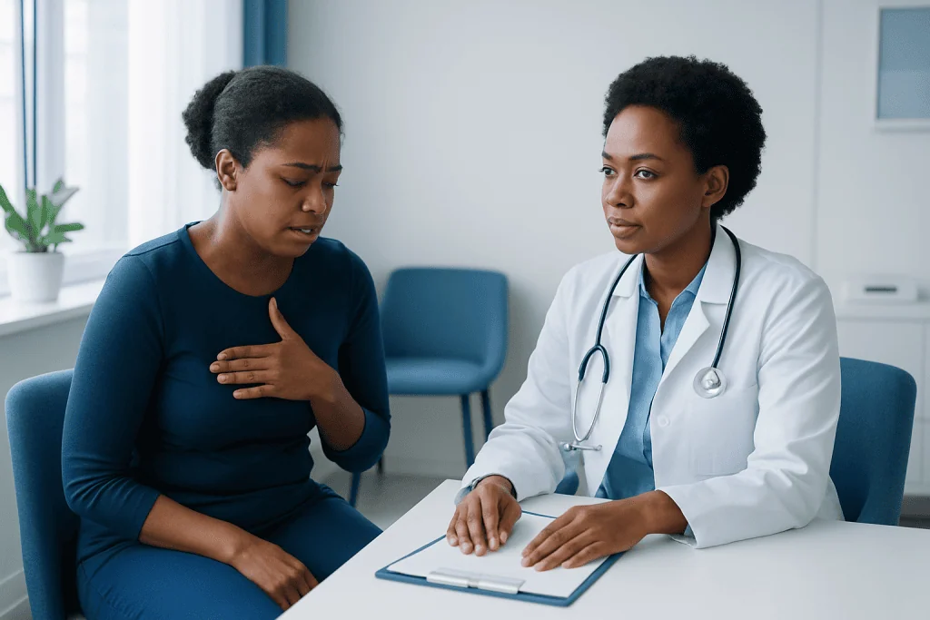 Doctor explaining sickle cell crisis symptoms to patient in consultation room.