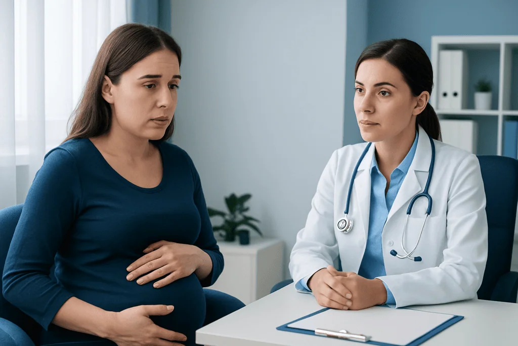 Pregnant woman consulting with a doctor in a medical office.
