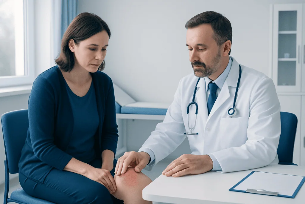 Doctor examining patient's knee in a medical consultation room.