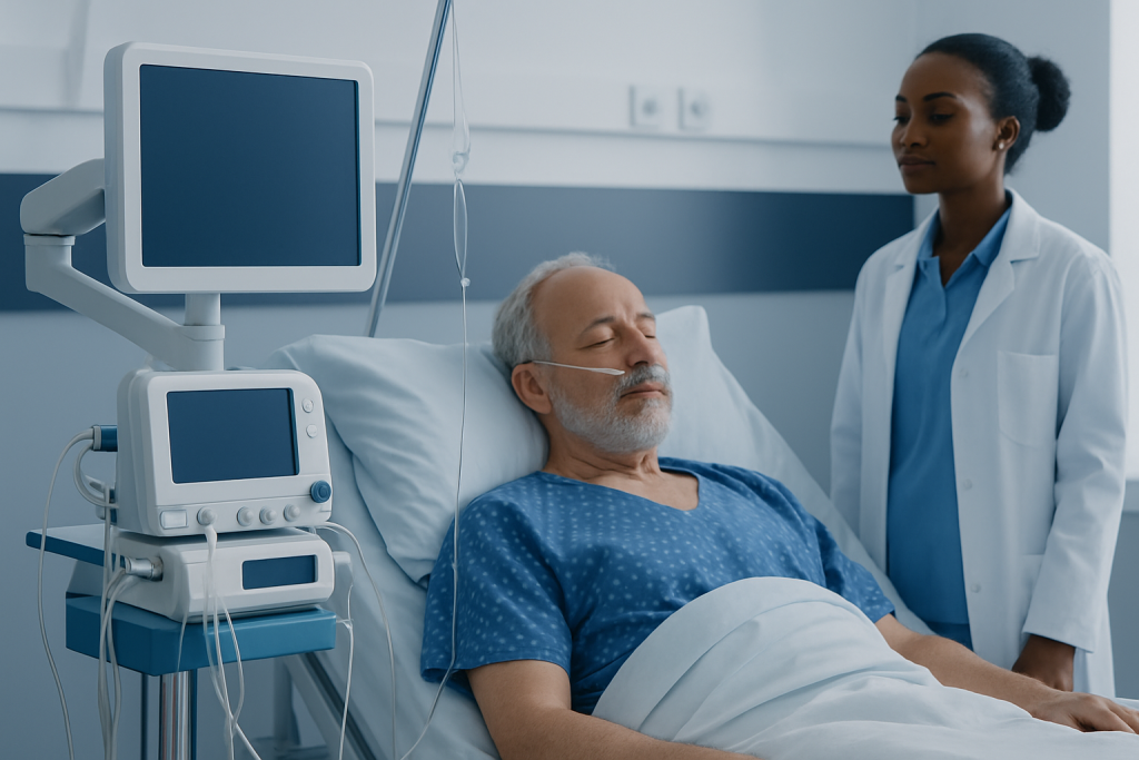 Hospital patient with medical staff monitoring vital signs in ICU.