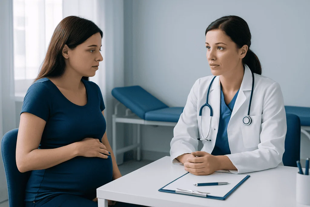 Pregnant woman consulting with a doctor in a medical office.