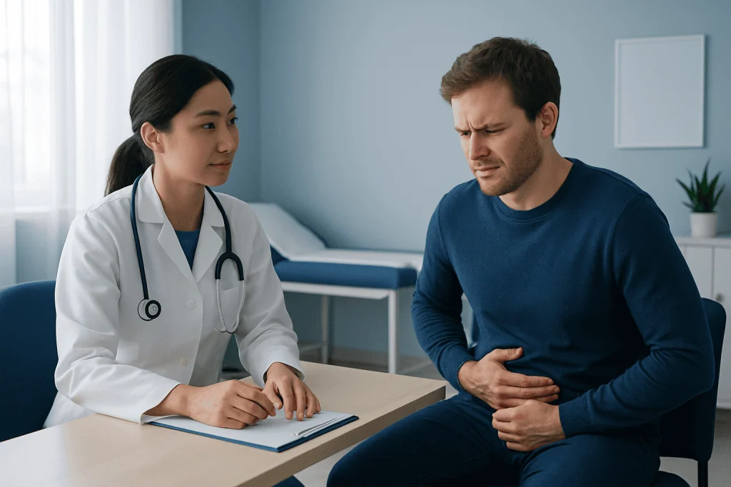 Doctor consulting with a patient experiencing abdominal pain in a clinic room.