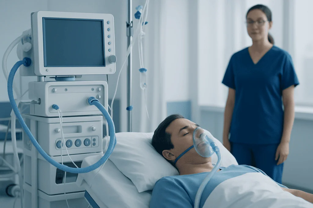 Patient on ventilator in hospital ICU with nurse nearby.