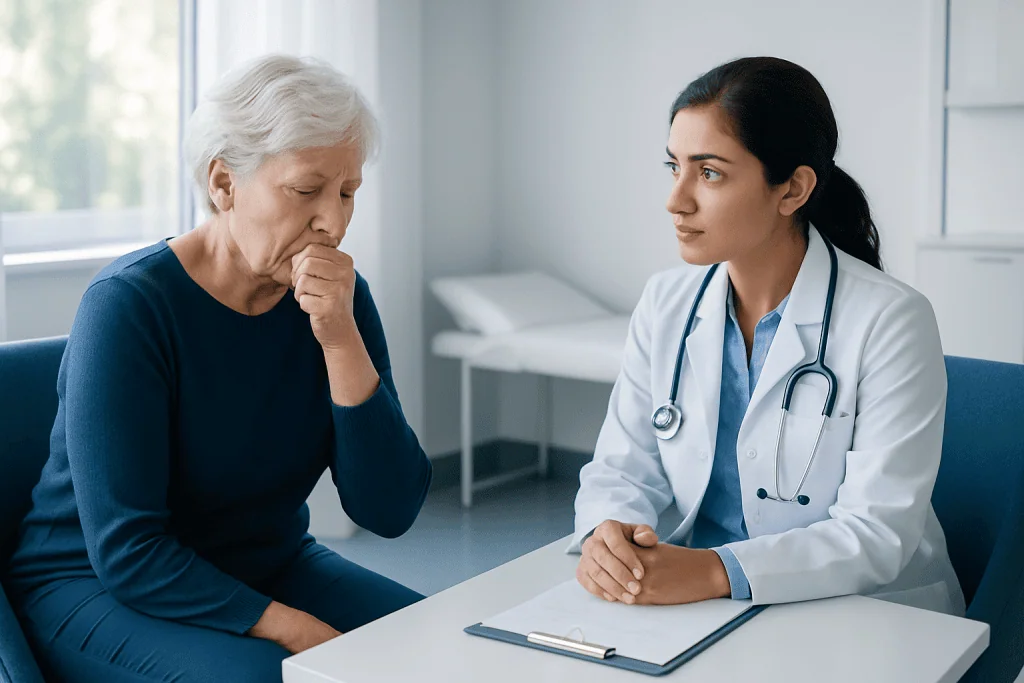 Doctor consulting with elderly patient in a hospital setting.