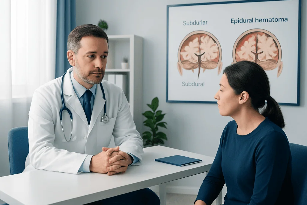 Doctor explaining subdural and epidural hematomas to patient in consultation room.